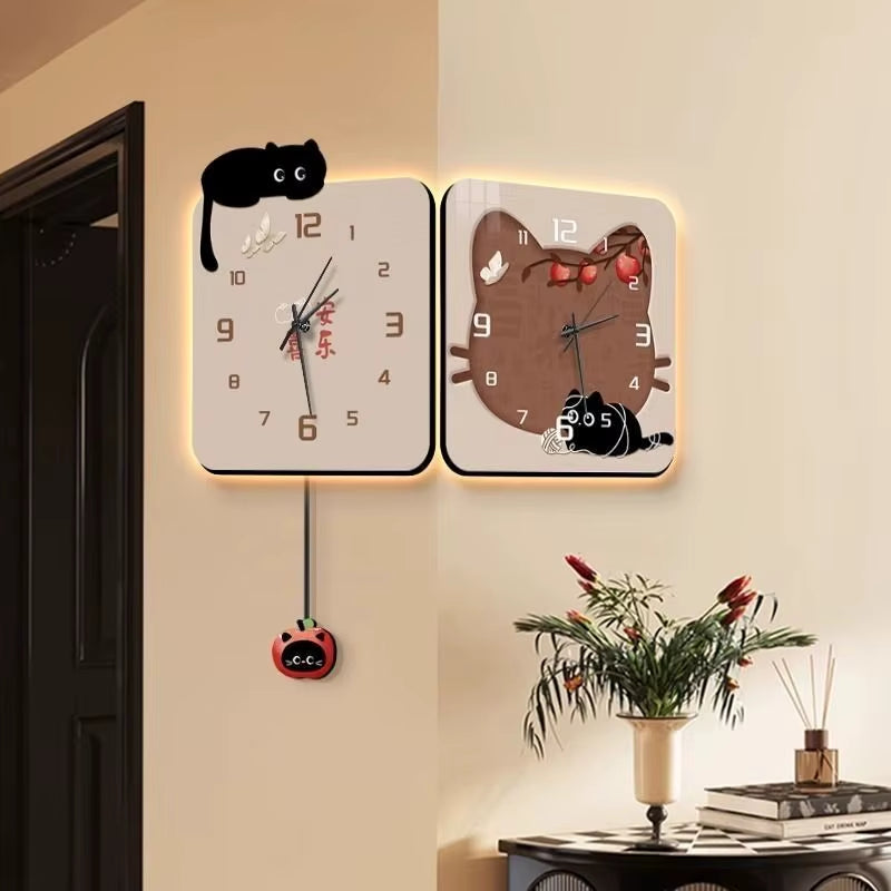 2025 New Cute Cartoon Cat Digital Corner Wall Clocks Living Room Double-Sided Decorative Clock Corner Double-Sided Silent Clocks