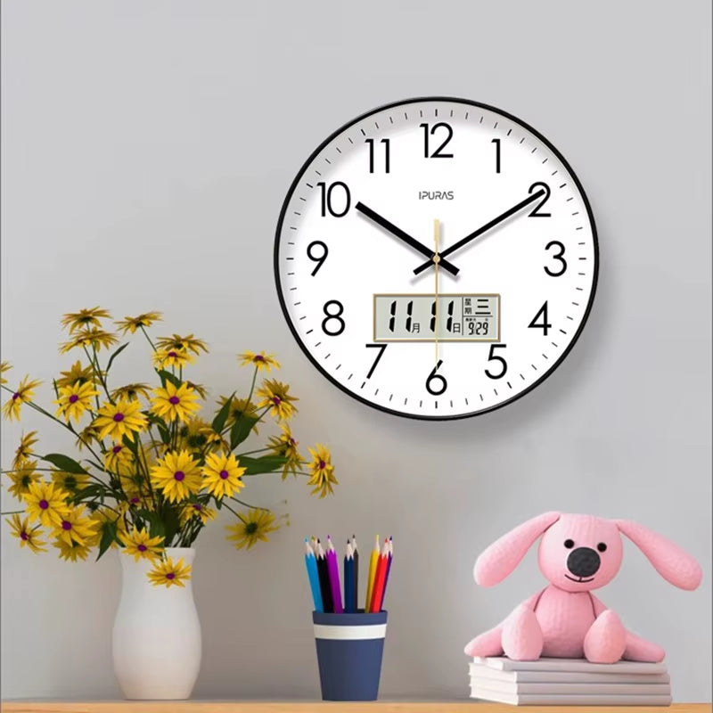 Modern Atomic Wall Clock Temperature Digital Calendar Analog Silent Wall Clock round Non-Ticking Wall Clock for Office Bedroom