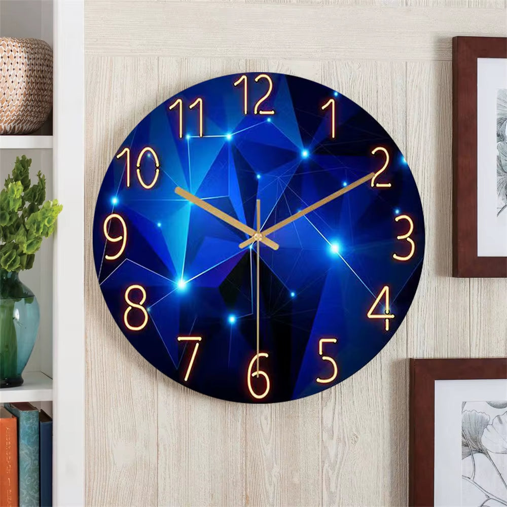 1Pc 12Inch Wall Clock Geometric Elements Dark Blue Thickened Tempered Glass Silent Movement Quartz Living Room Home Decor Gift
