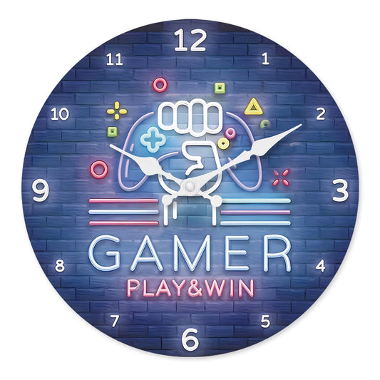 Fashionable Neon Game Console Pattern Wooden Wall Clock Living Room Bedroom Kitchen Home Decoration Silent Quartz Clock Holiday Gift 10-Inch 12-Inch 14Inch 16Inch (No Battery)