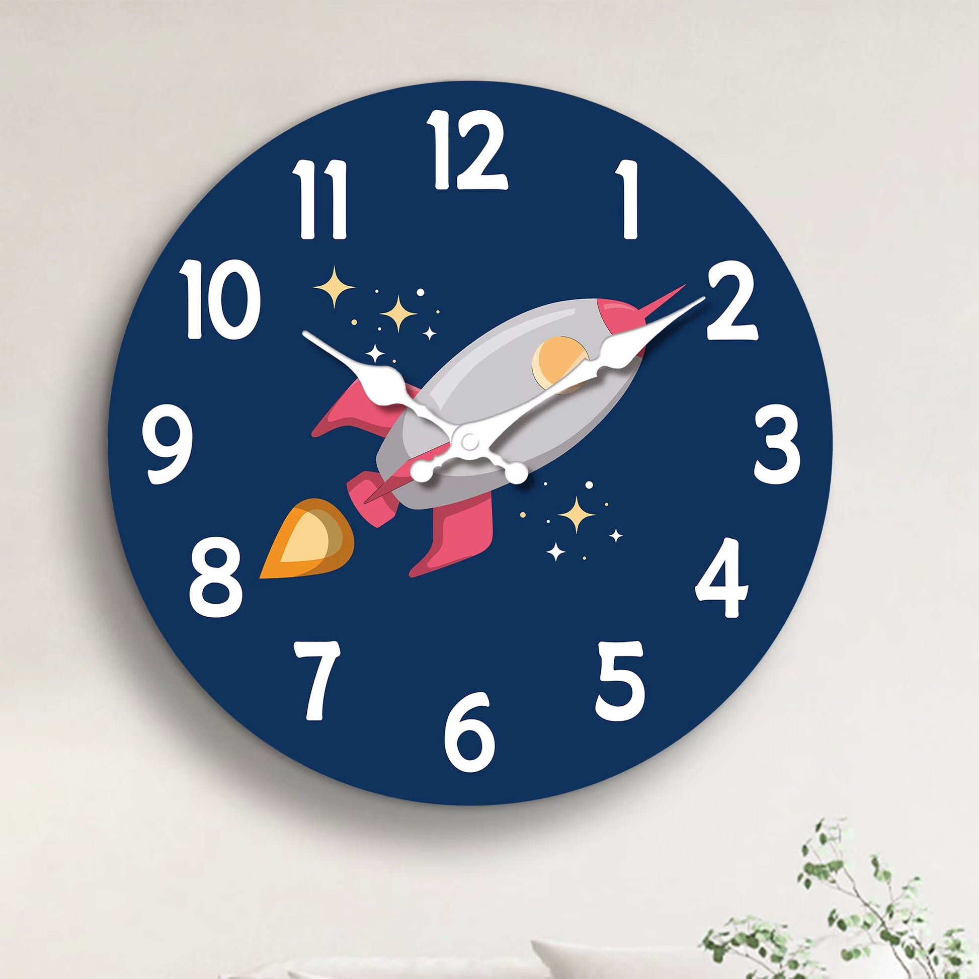 1Pc 12 Inch Wooden Wall Clock, Space Rocket Design Cartoon Wall Clock, Silent Clock, Suitable for Living Room Bedroom, Room Deco
