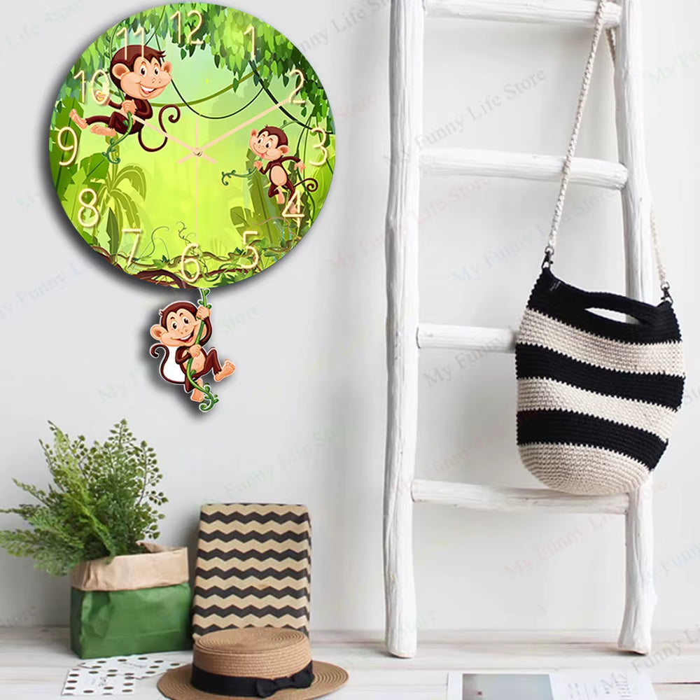 1Pc Wall Clock Cartoon Monkey Wall Mount Wall Art Clock PVC Frameless Clock Wall Clock for Children'S Room Mechanic Silent Watch