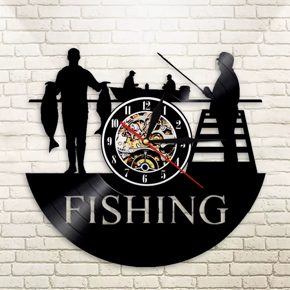 Go Fishing Art Decor Wall Clock Fisherman Modern Design Vinyl Record Hanging 3D Watches Unique Handmade Gift for Sea Humter