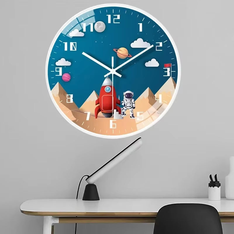 Bedroom Modern Boys Silent Children'S Wall Clock Digital Simple Clock Creative Home Punch Clock Cartoon Free Bedroom Study