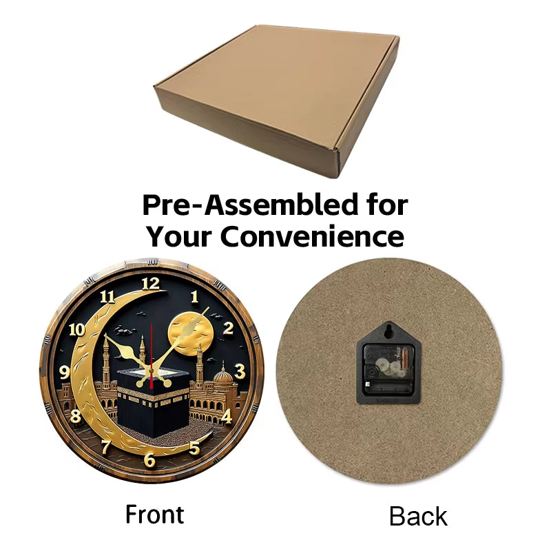Black & Golden Kaaba Wooden round Silent Hanging Wall Clock, Suitable for Living Room,Office,Study Room,Bedroom, Home Decoration