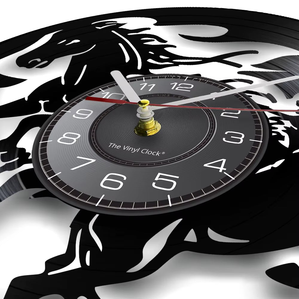 Nature Black Running Horses Equine Wall Art Wild Horses Clock Vintage Vinyl Record Wall Clock Horse Lover Home Decor Accessories