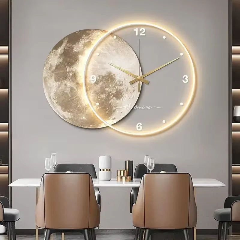 Large Wall Clock Luxury Dining Room Living Room Moon the Earth Modelling LED Light Silent Movement Bedroom Clock Wall Decoration