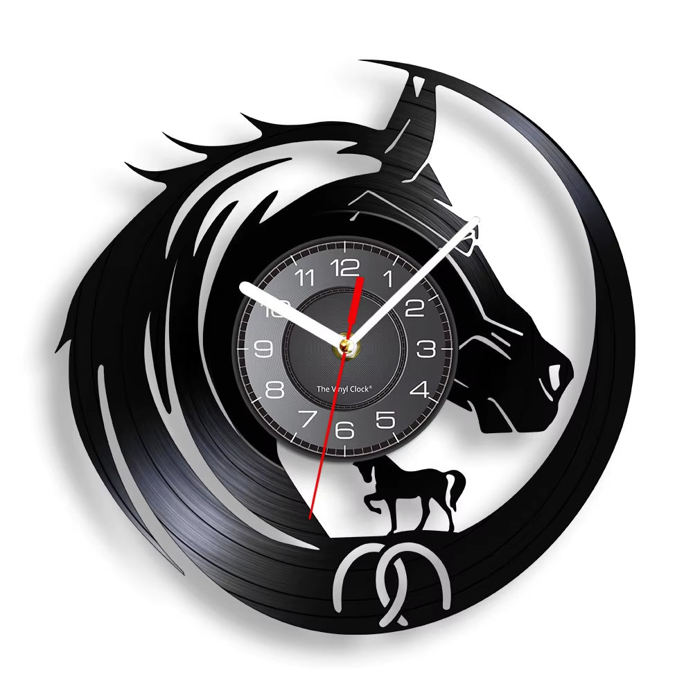 Nature Black Running Horses Equine Wall Art Wild Horses Clock Vintage Vinyl Record Wall Clock Horse Lover Home Decor Accessories