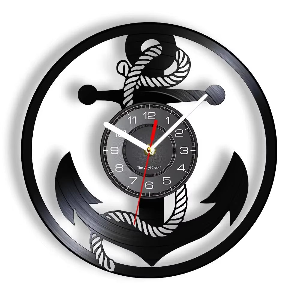 Boat Anchor & Hemp Rope 3D Wall Clock Made of Real Vinyl Record Sailing Ship Kelleg Retro LED Timepiece Gift to Captain & Sailor