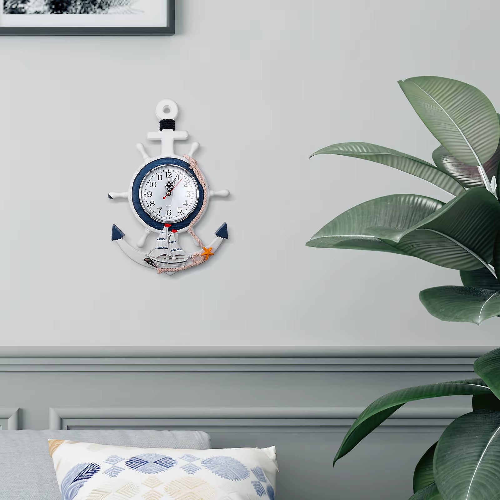 Rudder Anchor Wall Clock Mediterranean Decor Hanging Clock Seaside Nautical Wood Bedroom Waterproof Antioxidation