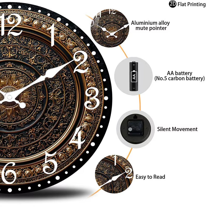 Wooden Silent Wall Clock Nate Gold Wall Clock Intricate Patterns Quartz Analog Clock Farmhouse,Office Idea Christmas Halloween