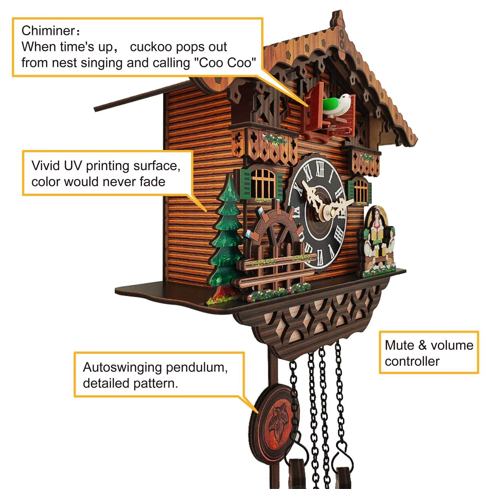 Wooden Clock Wall Mounted Clock Bird Alarm Clock Cuckoo Clocks for Home Kid'S Room Decoration