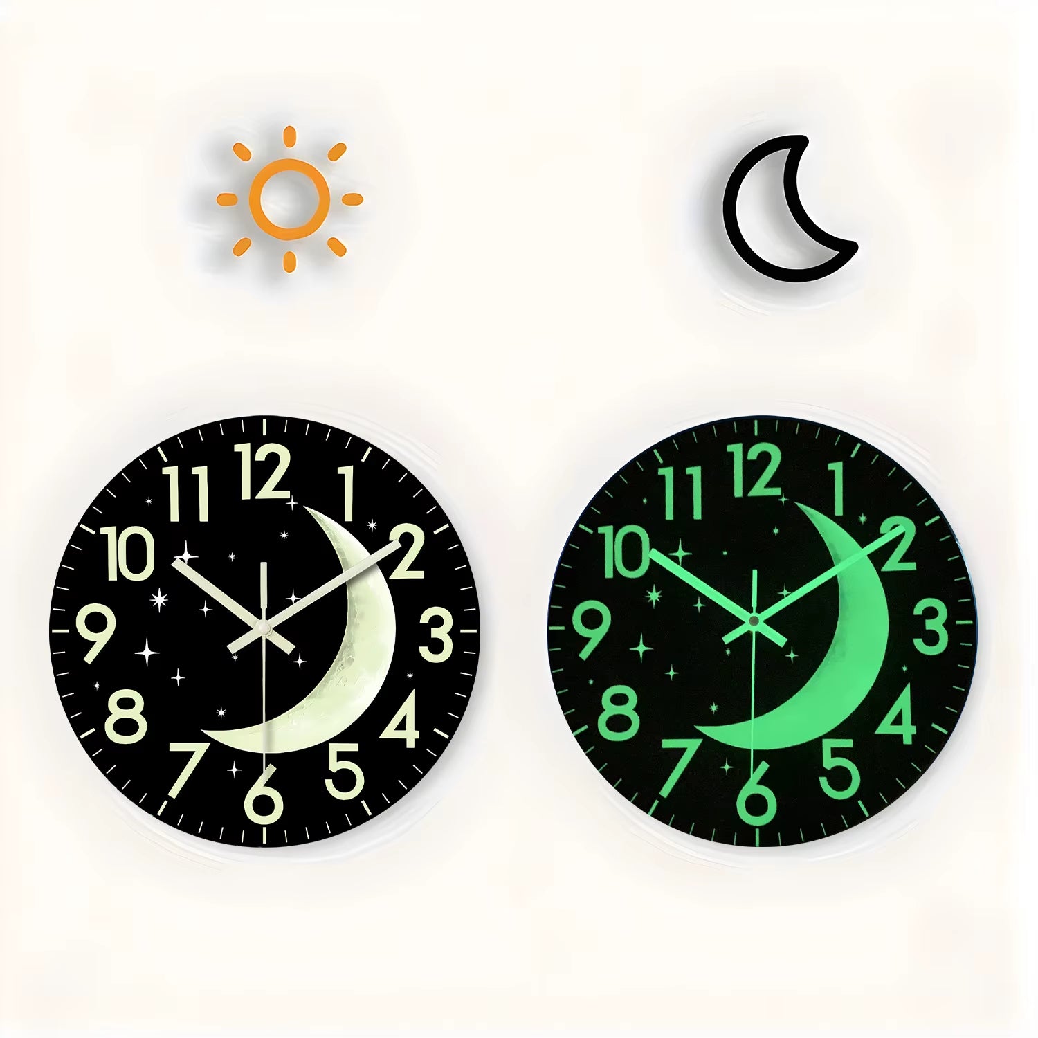 Creative and Simple Night Star and Moon Luminous Wooden Wall Clock Living Room Bedroom Kitchen Home Decoration Wall Clock Silent Quartz Clock Holiday Gift 12 Inches 14 Inches 16Inch (Without Batteries)