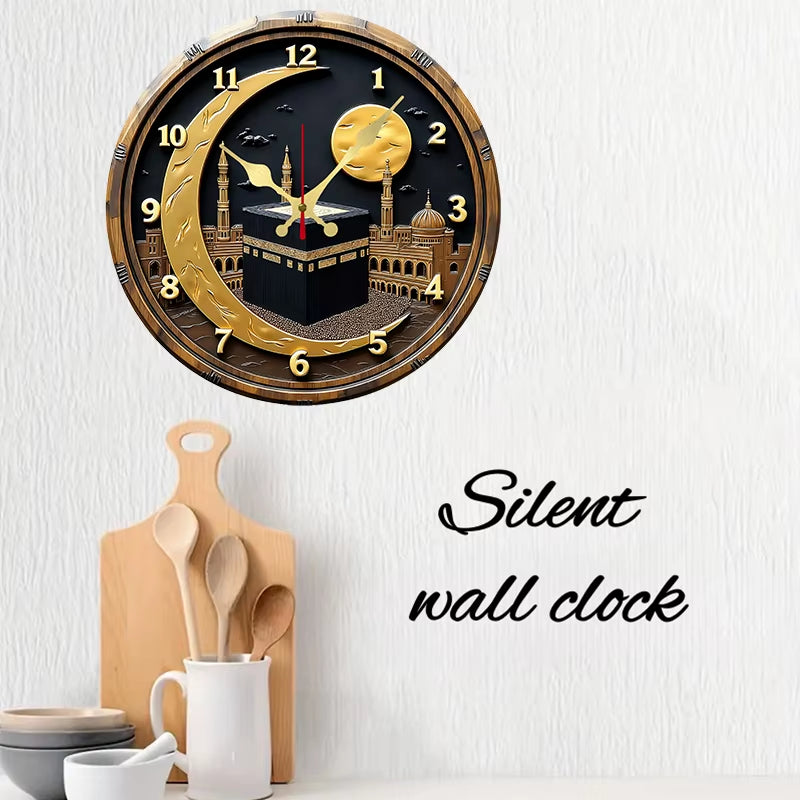 Black & Golden Kaaba Wooden round Silent Hanging Wall Clock, Suitable for Living Room,Office,Study Room,Bedroom, Home Decoration
