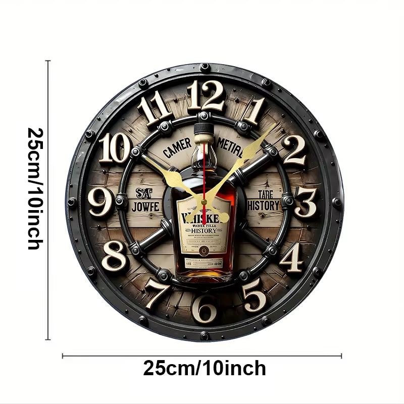 2D Flat Vintage Whiskey Wooden round Silent Hanging Wall Clock, for Living Room, Office, Study Room, Bedroom, Home Decoration