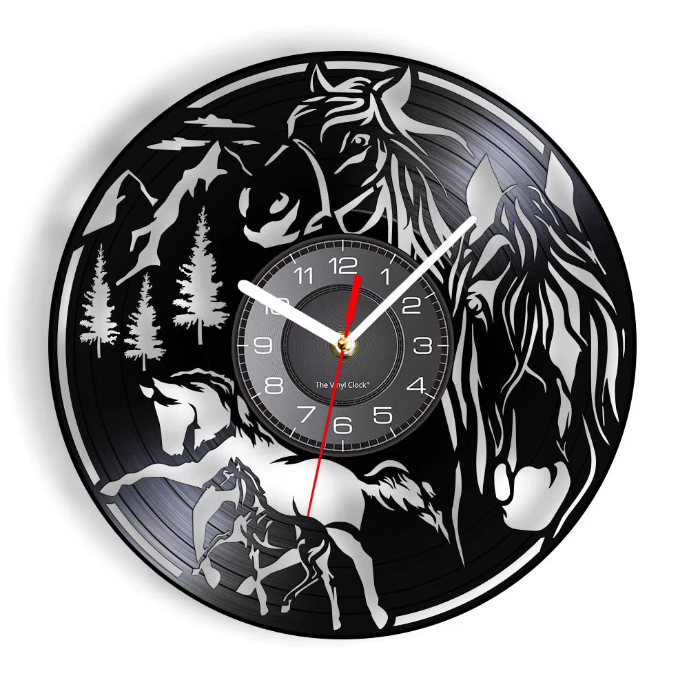 Nature Black Running Horses Equine Wall Art Wild Horses Clock Vintage Vinyl Record Wall Clock Horse Lover Home Decor Accessories