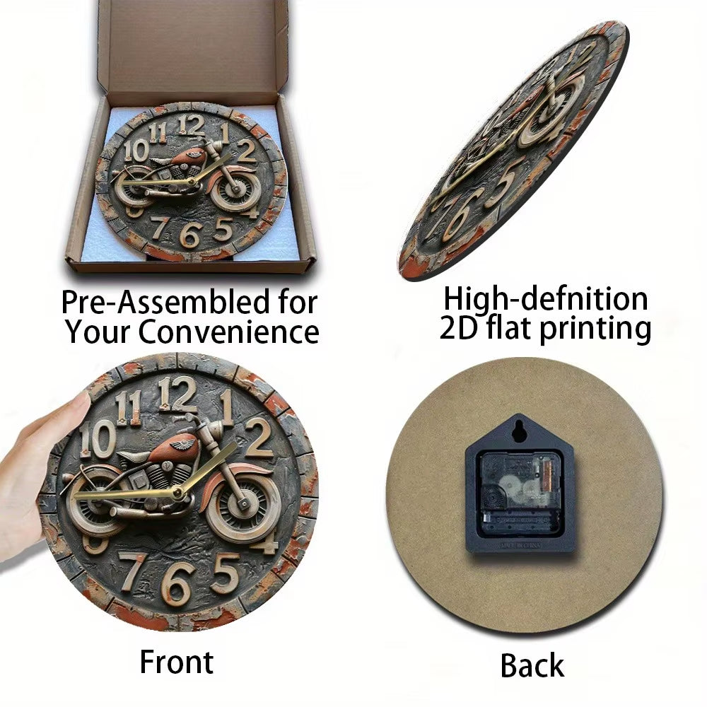 Wooden Wall Clock with Motorcycle Design: Ideal for Home or Garage Decor. Runs on AA Batteries.