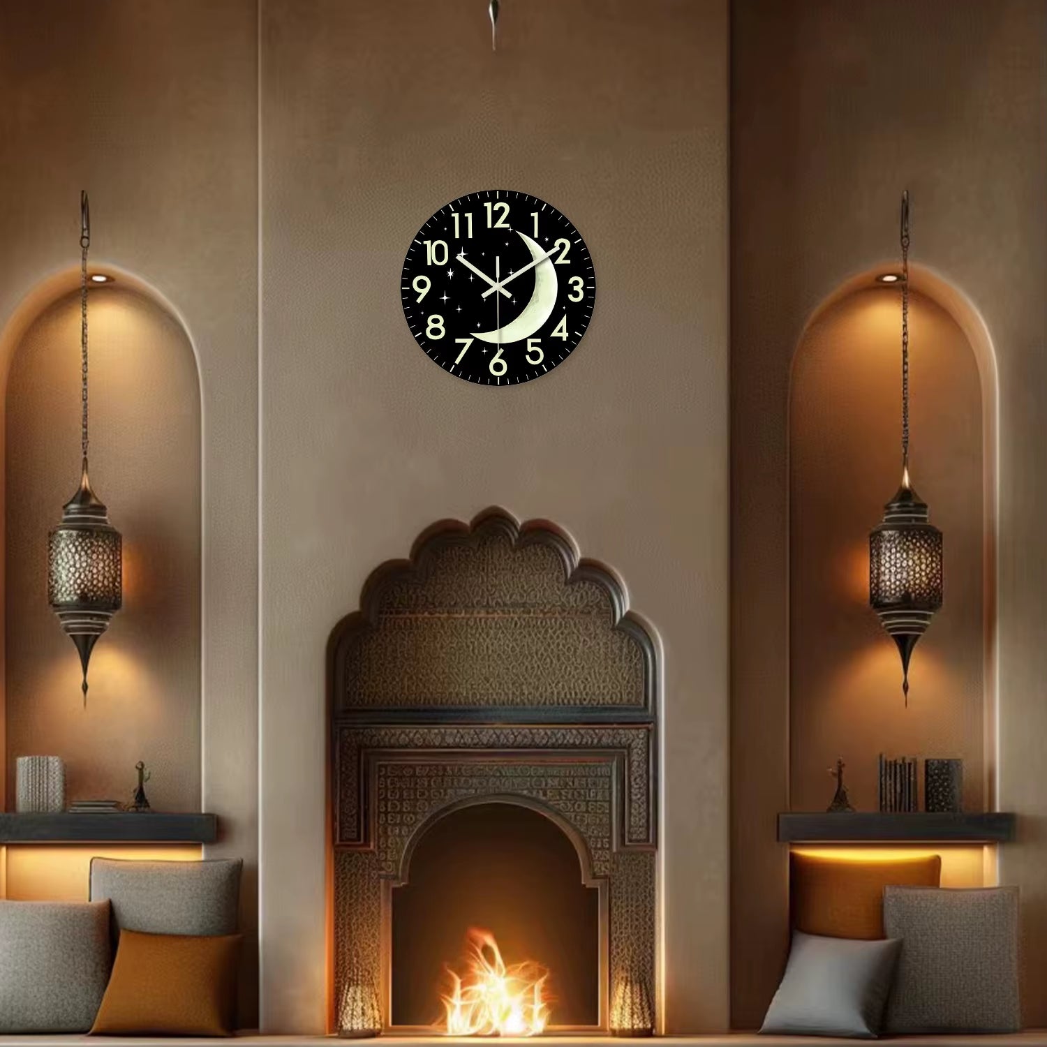 Creative and Simple Night Star and Moon Luminous Wooden Wall Clock Living Room Bedroom Kitchen Home Decoration Wall Clock Silent Quartz Clock Holiday Gift 12 Inches 14 Inches 16Inch (Without Batteries)