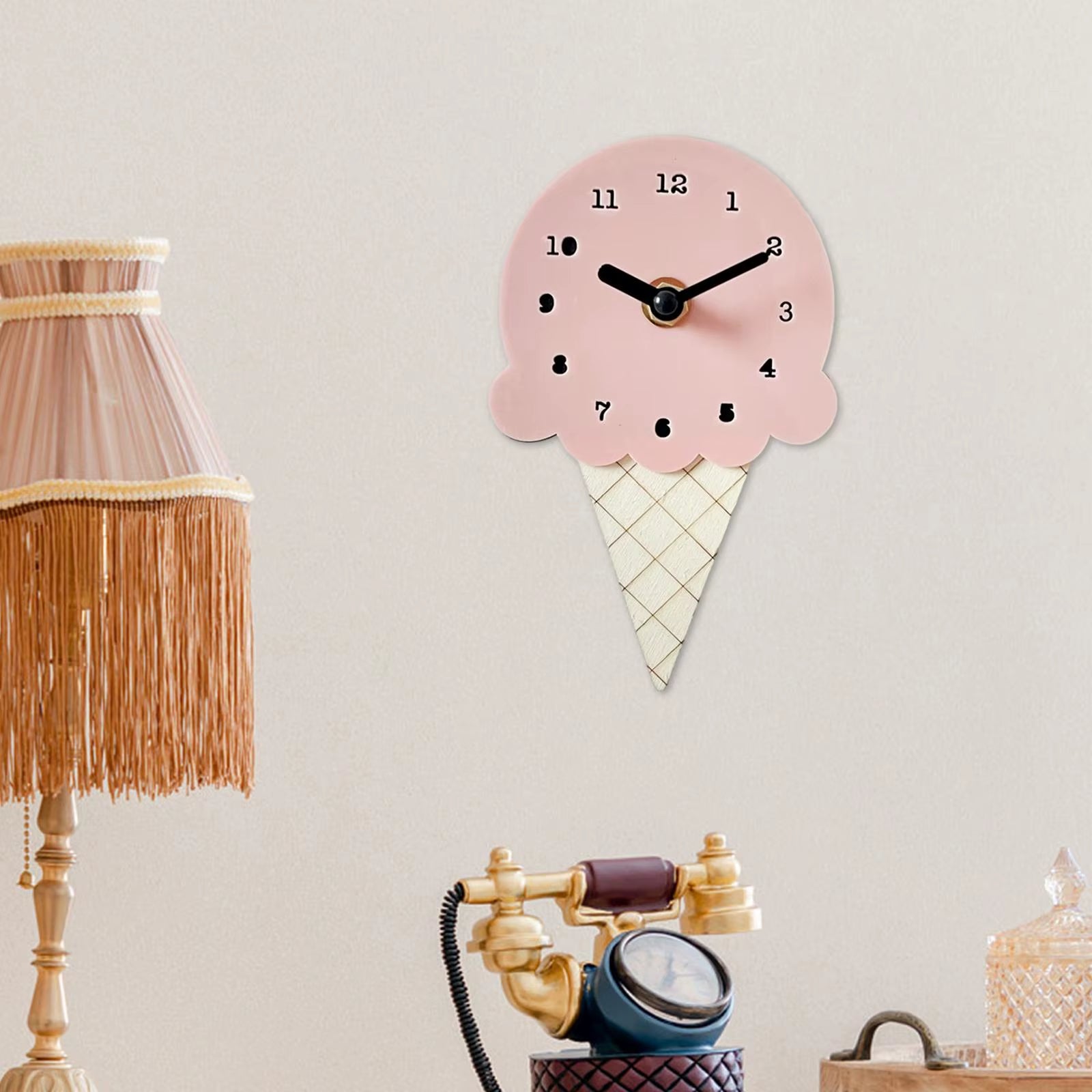 Wall Clock Ice Cream Shape Stylish Wooden Bedroom Clock for Living Room Decorating Children'S Rooms Office Home Wall Decor