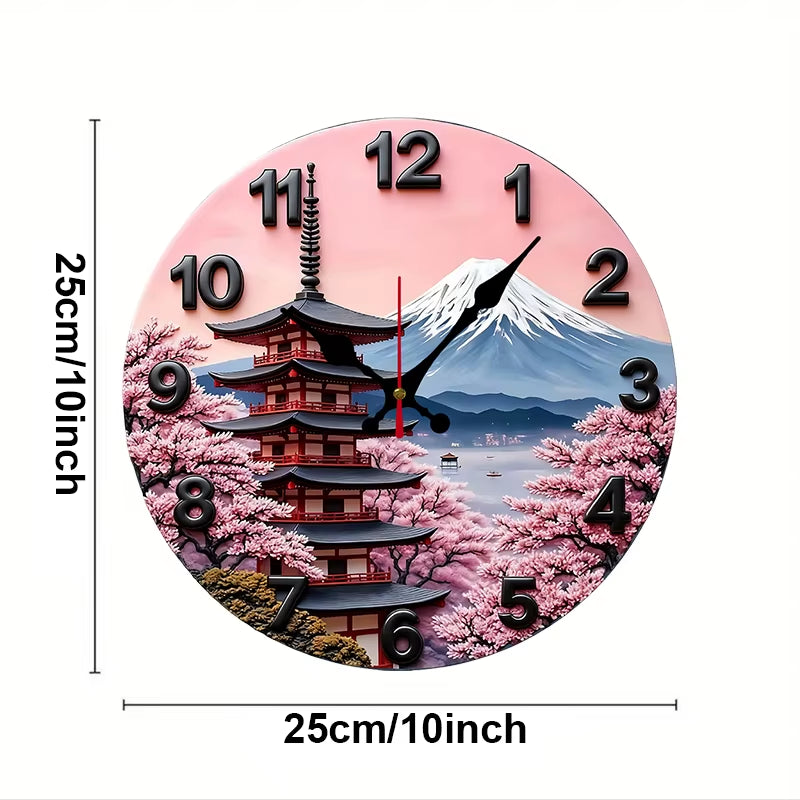Mount Fuji Design Wooden round Silent Hanging Wall Clock, Suitable for Living Room, Office, Study Room, Bedroom, Home Decoration