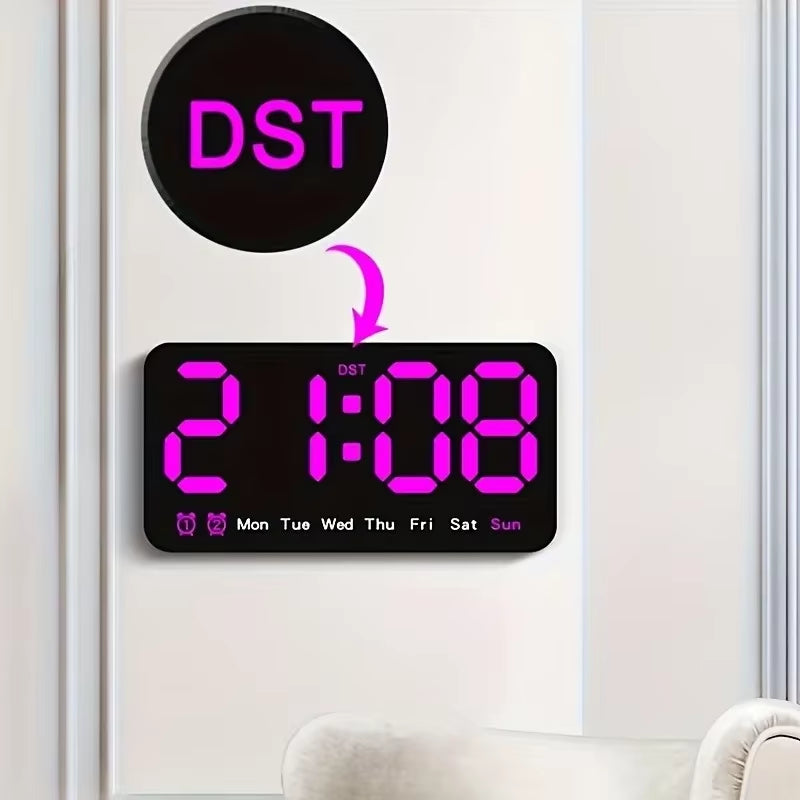 Voice Control Large Digital Wall Clock Temperature Date Week DST Snooze Table Clock 12/24H Dual Alarm Wall-Mounted LED Clock