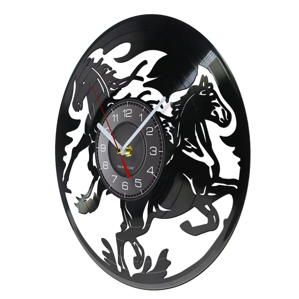 Nature Black Running Horses Equine Wall Art Wild Horses Clock Vintage Vinyl Record Wall Clock Horse Lover Home Decor Accessories