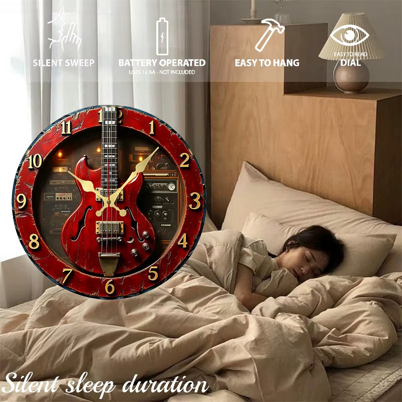 Vintage Guitar Wooden round Silent Hanging Wall Clock, Suitable for Living Room, Office, Study Room, Bedroom, Home Decoration