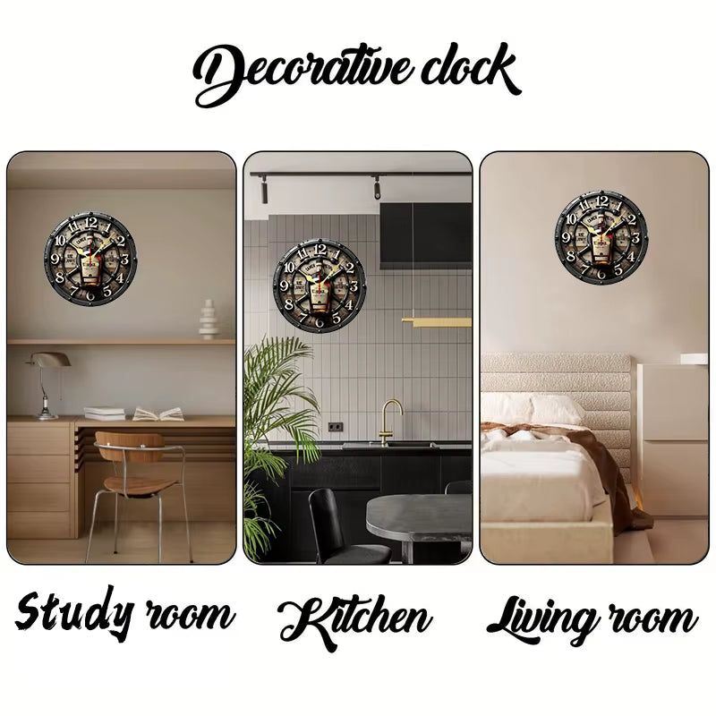 2D Flat Vintage Whiskey Wooden round Silent Hanging Wall Clock, for Living Room, Office, Study Room, Bedroom, Home Decoration