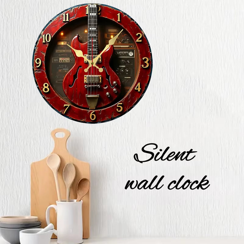 Vintage Guitar Wooden round Silent Hanging Wall Clock, Suitable for Living Room, Office, Study Room, Bedroom, Home Decoration