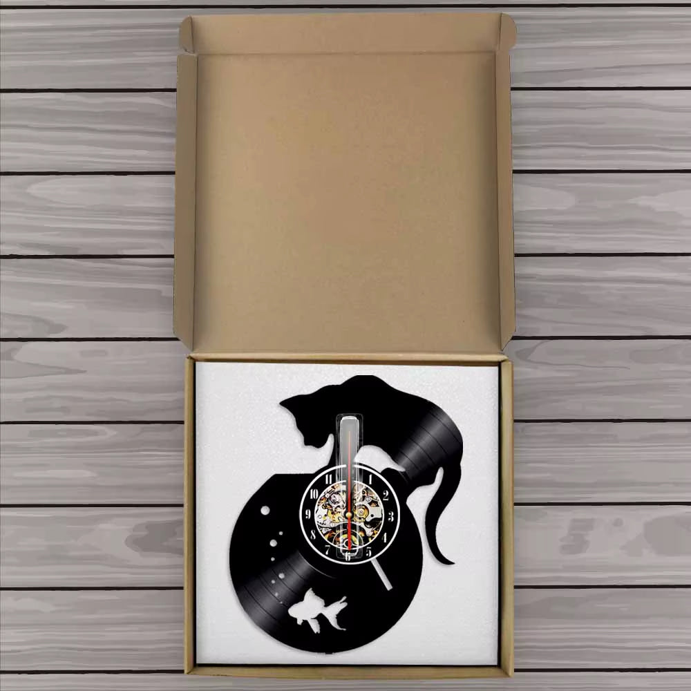 Black Cat and Fishbowl Gold Fish Retro Vinyl Record Wall Clock Living Room Home Decor Gramophone Music Album Record Silent Clock