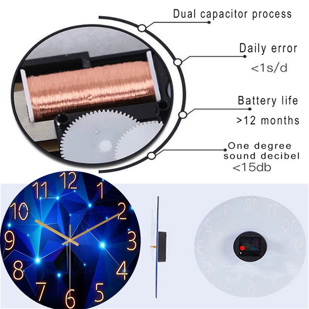 1Pc 12Inch Wall Clock Geometric Elements Dark Blue Thickened Tempered Glass Silent Movement Quartz Living Room Home Decor Gift