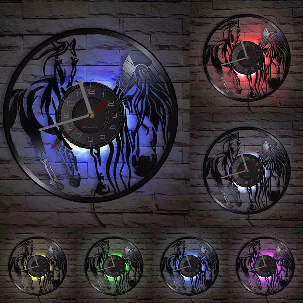 Nature Black Running Horses Equine Wall Art Wild Horses Clock Vintage Vinyl Record Wall Clock Horse Lover Home Decor Accessories