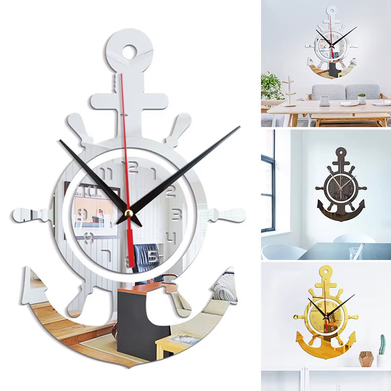 Acrylic Anchor Clock 3D Wall Clock Stickers Mediterranean Style Art Pirate Clock for Home Livingroom Bedroom WWO66