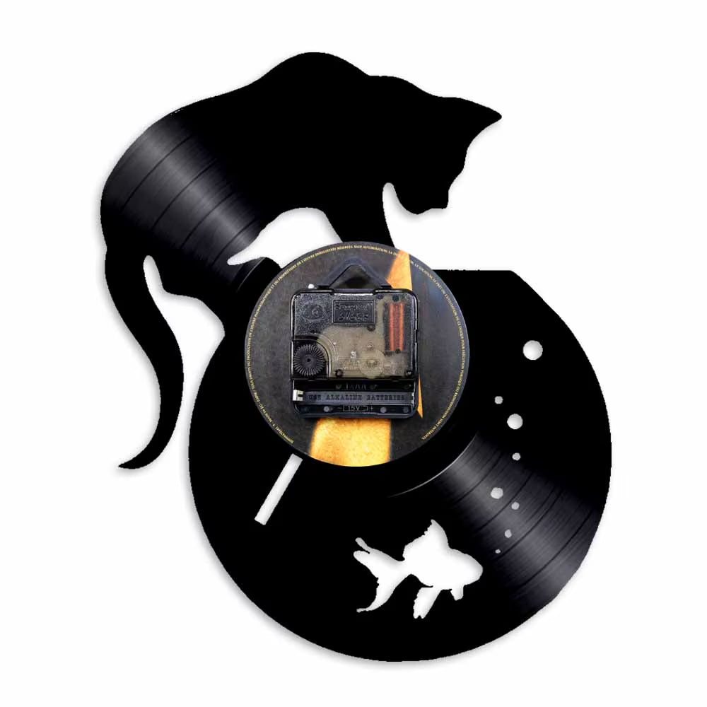 Black Cat and Fishbowl Gold Fish Retro Vinyl Record Wall Clock Living Room Home Decor Gramophone Music Album Record Silent Clock