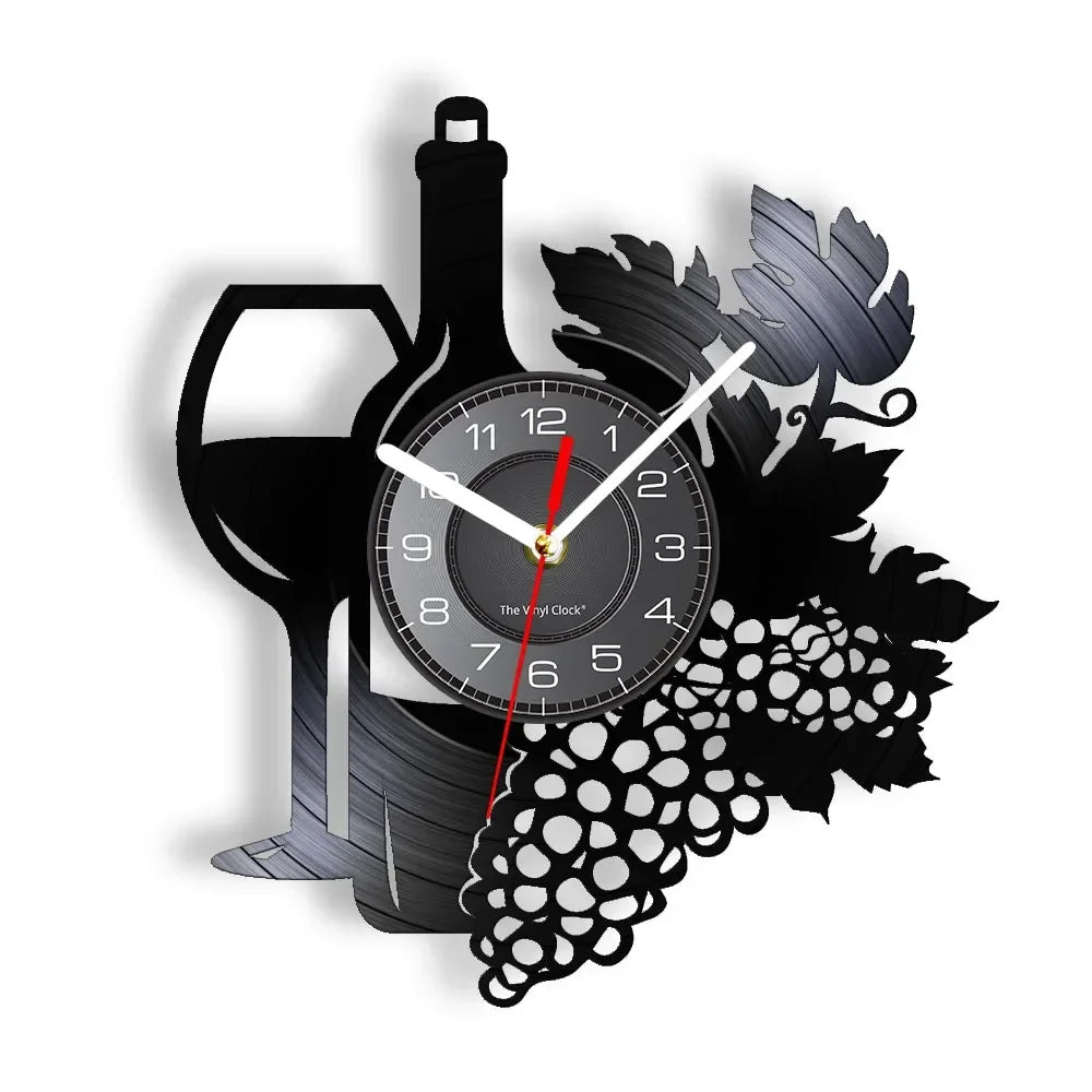 Bouteille De Vin Avec Verre À Vin, Grappe De Raisin, Disque Vinyle, Horloge Murale, Maison, Bar, Décor De Vinerie, Cuisine, Nature Morte, Album En Vinyle