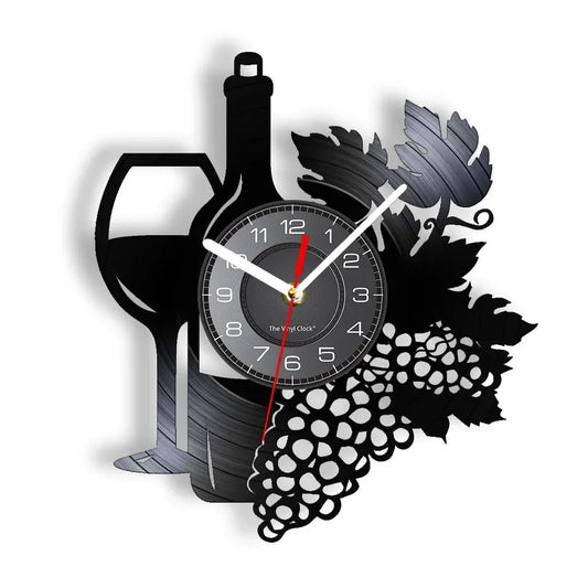 Bouteille De Vin Avec Verre À Vin, Grappe De Raisin, Disque Vinyle, Horloge Murale, Maison, Bar, Décor De Vinerie, Cuisine, Nature Morte, Album En Vinyle