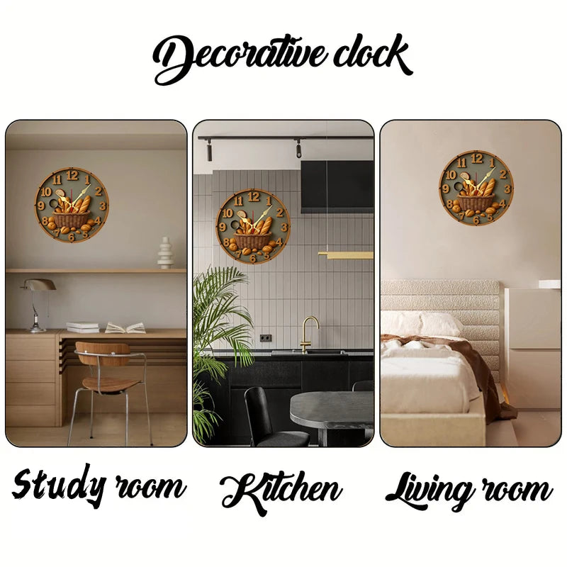Horloge Murale Suspendue Ronde Et Silencieuse En Bois Avec Panier À Pain, Adaptée Au Salon, Au Bureau, À Une Salle D'Étude, À La Chambre À Coucher, À La Décoration De La Maison.