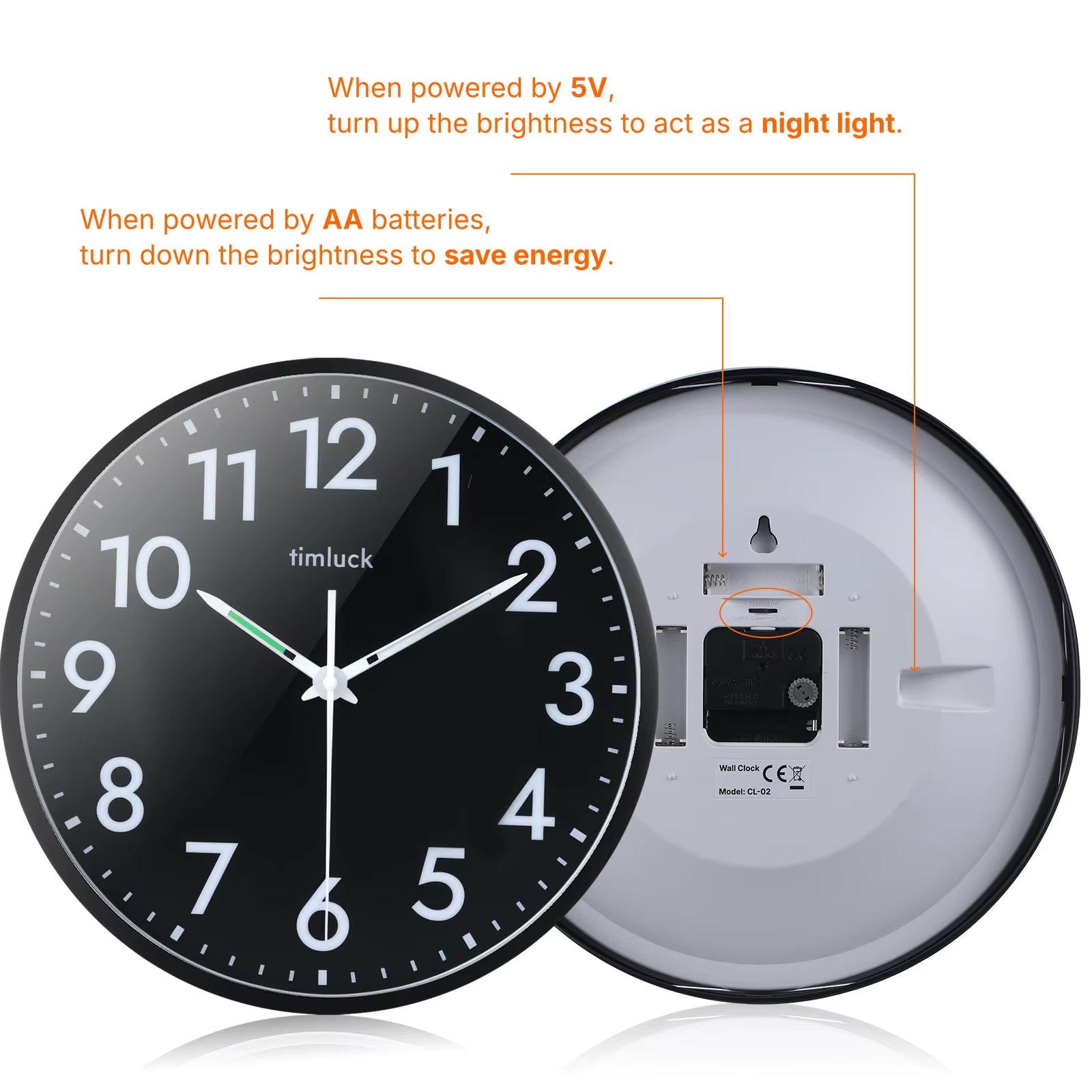 Silent Non-Ticking LED Wall Clock with Light Sensor, Auto-Illuminated Numbers & Hands, Adjustable Brightness, Non-Fluorescent