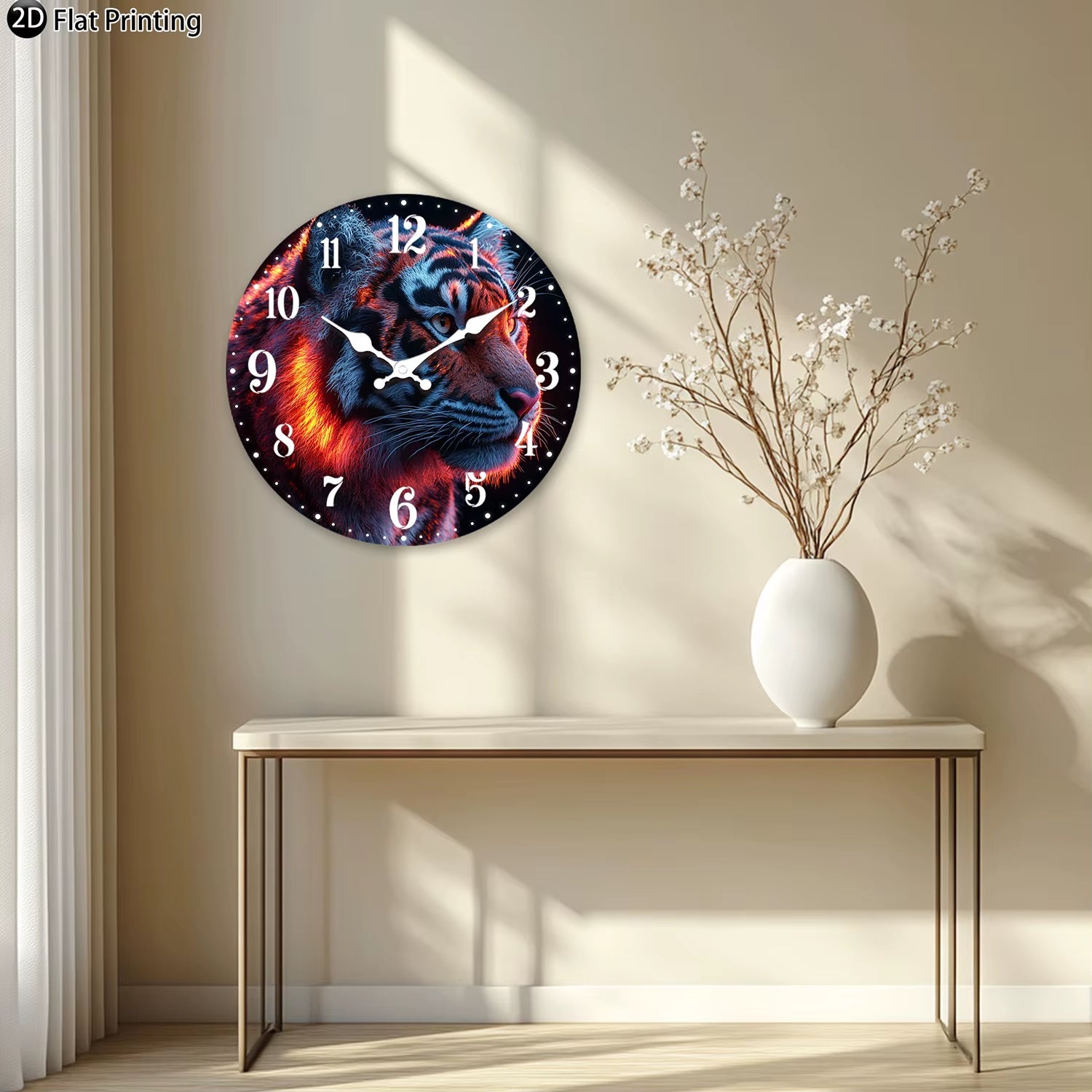 Wooden Silent Wall Clock Tiger Glowing Effect Quartz Analog Clock for Bedroom Bathroom Halloween New Year Gift