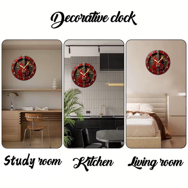 Vintage Guitar Wooden round Silent Hanging Wall Clock, Suitable for Living Room, Office, Study Room, Bedroom, Home Decoration