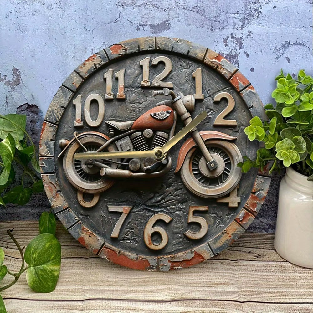 Wooden Wall Clock with Motorcycle Design: Ideal for Home or Garage Decor. Runs on AA Batteries.