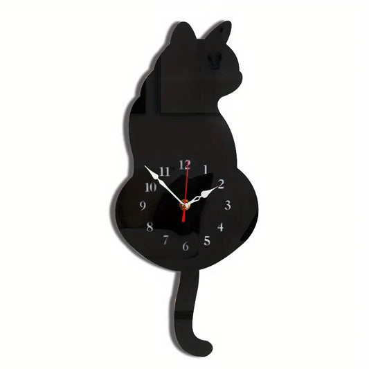 1Pc Whimsical Black Cat Pendulum Wall Clock with Moving Tail - Fun and Unique Home Decor for Living Room Office Café and Bedroom