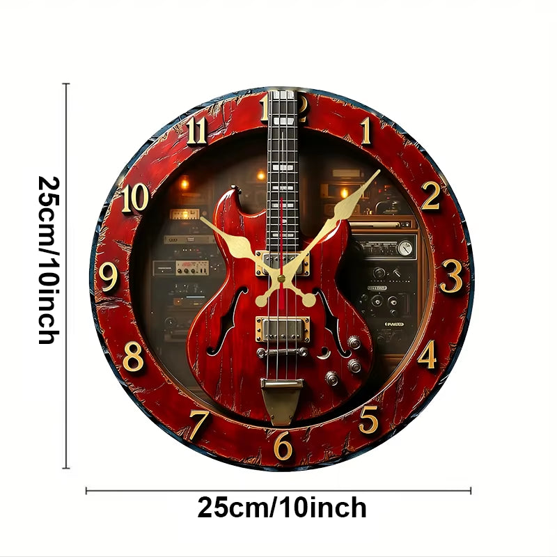 Vintage Guitar Wooden round Silent Hanging Wall Clock, Suitable for Living Room, Office, Study Room, Bedroom, Home Decoration