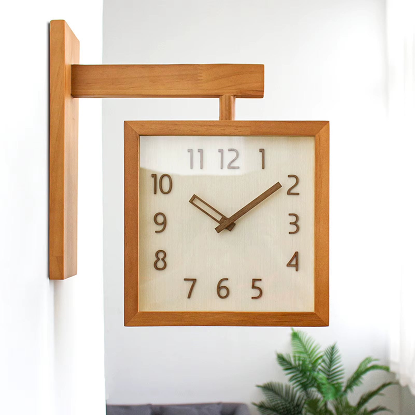 Wall Clock Simple Silent Square Double Sided Clock Wooden Decorative Corner Clock for Living Room Household