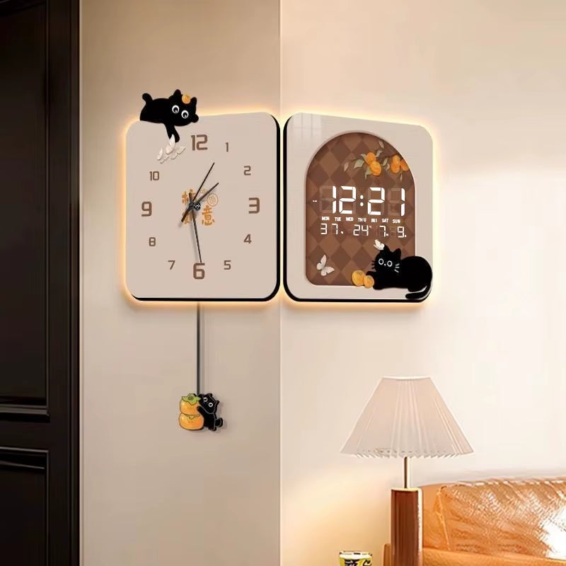 2025 New Cute Cartoon Cat Digital Corner Wall Clocks Living Room Double-Sided Decorative Clock Corner Double-Sided Silent Clocks