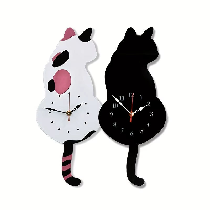 1Pc Whimsical Black Cat Pendulum Wall Clock with Moving Tail - Fun and Unique Home Decor for Living Room Office Café and Bedroom