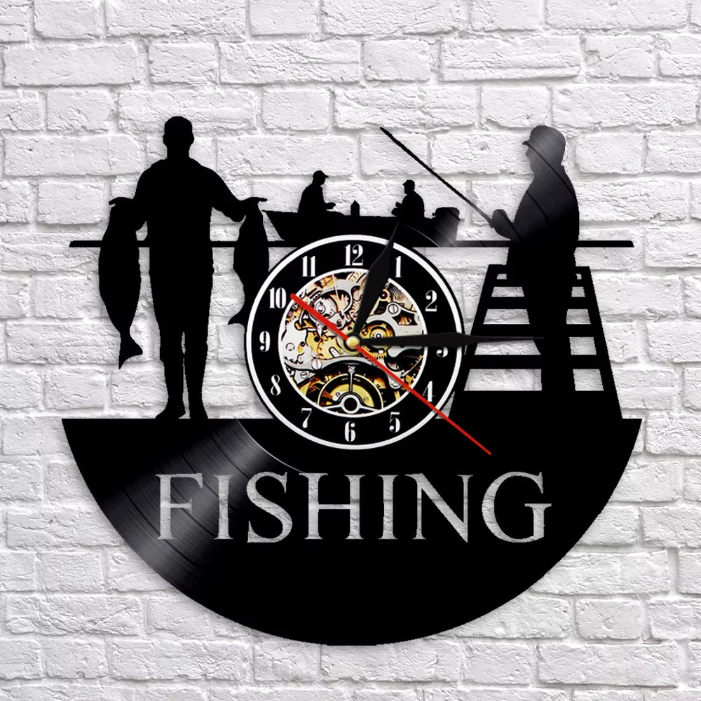 Go Fishing Art Decor Wall Clock Fisherman Modern Design Vinyl Record Hanging 3D Watches Unique Handmade Gift for Sea Humter