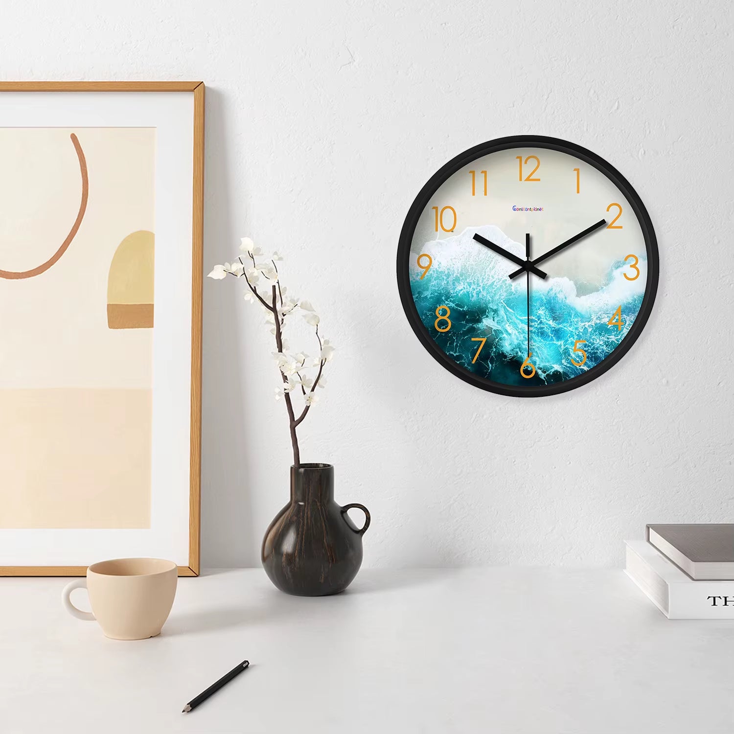 8Inch Modern Fashion Seaside Beach Pattern Plastic Glass Wall Clock Living Room Bedroom Kitchen Home Decoration Wall Clock Silent Quartz Clock Holiday Gift (No Battery)