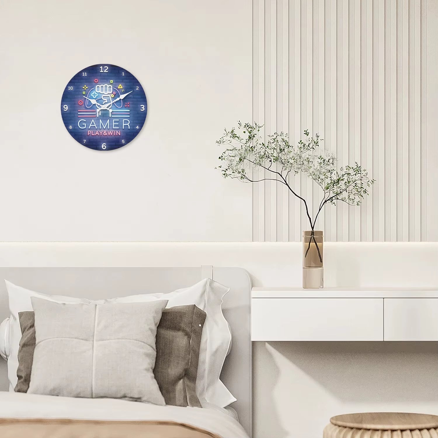 Fashionable Neon Game Console Pattern Wooden Wall Clock Living Room Bedroom Kitchen Home Decoration Silent Quartz Clock Holiday Gift 10-Inch 12-Inch 14Inch 16Inch (No Battery)