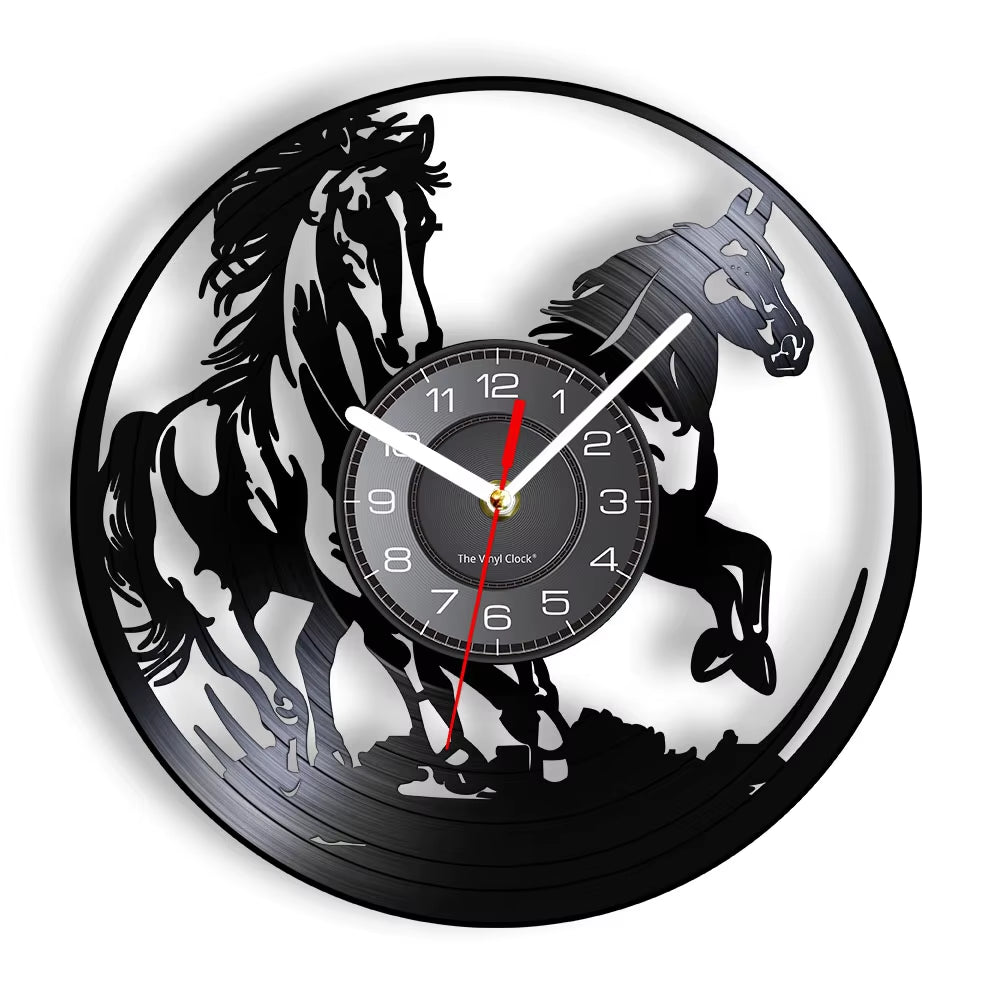 Nature Black Running Horses Equine Wall Art Wild Horses Clock Vintage Vinyl Record Wall Clock Horse Lover Home Decor Accessories